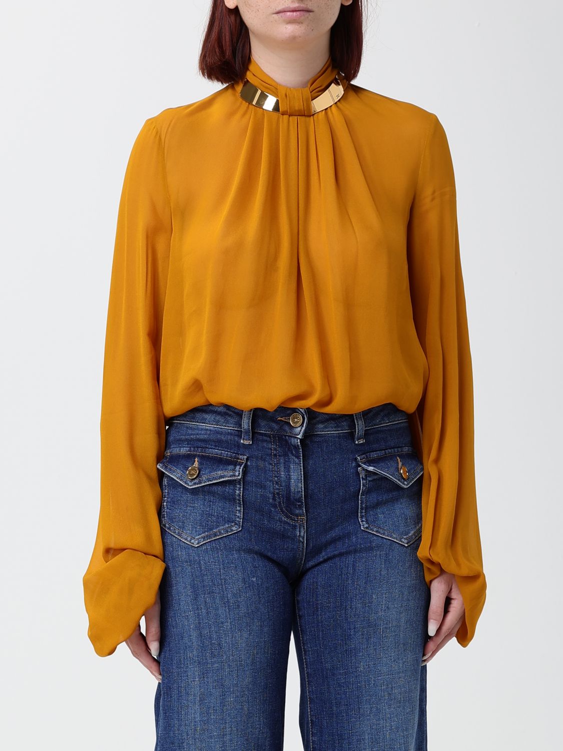 Elisabetta Franchi Long-Sleeved Georgette Blouse with Jewel Neck