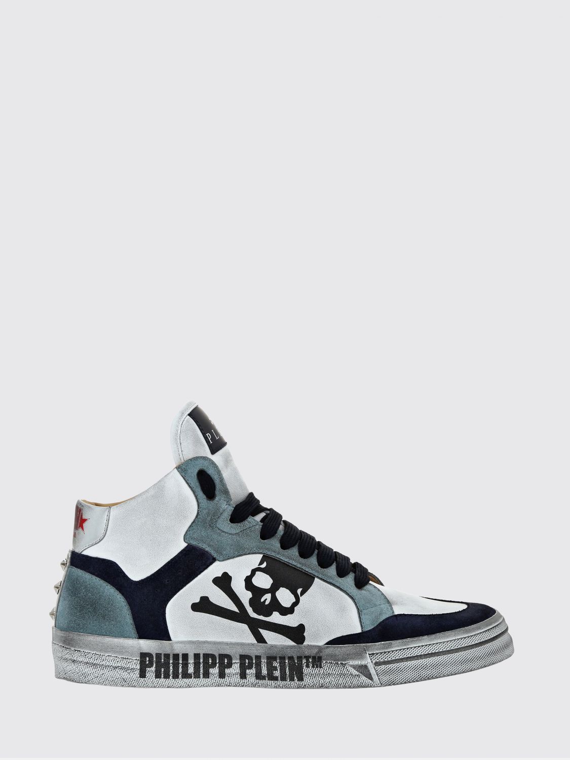 PHILIPP PLEIN High-Top Skull Sneakers in Leather and Suede with a Worn Effect