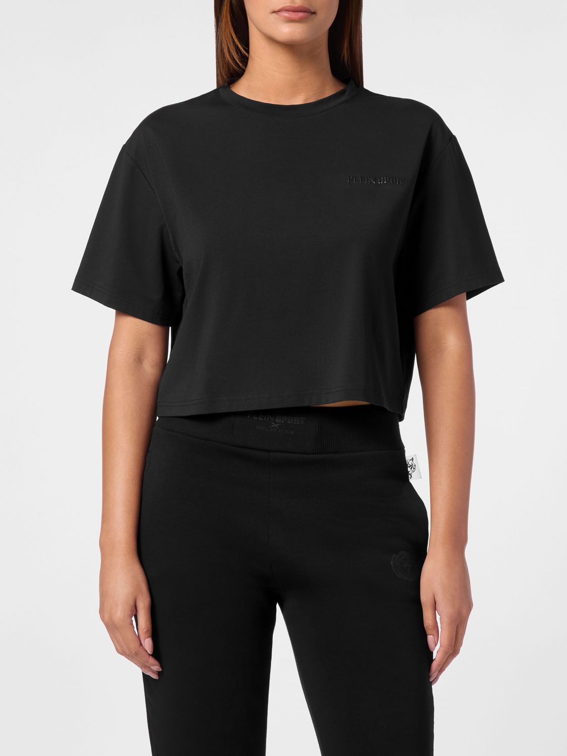 Plein Sport T-shirt girocollo in jersey di cotone con spalle scese