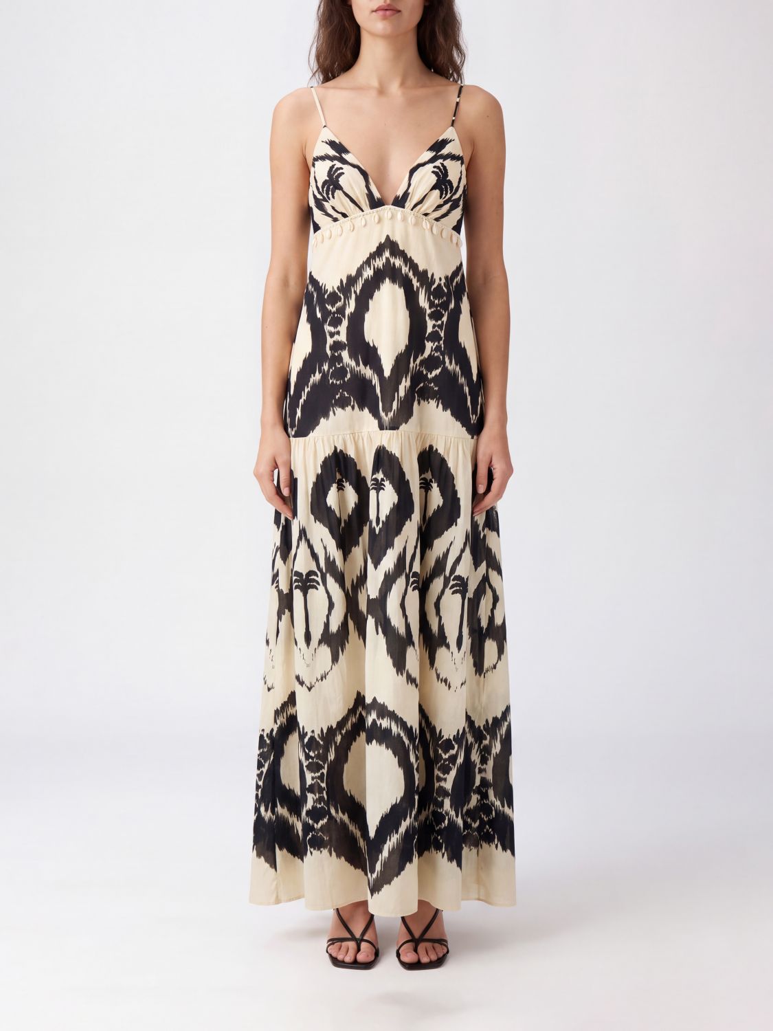 JOHANNA ORTIZ Langes Baumwollkleid mit tropischem Print und hoher elastischer Taille