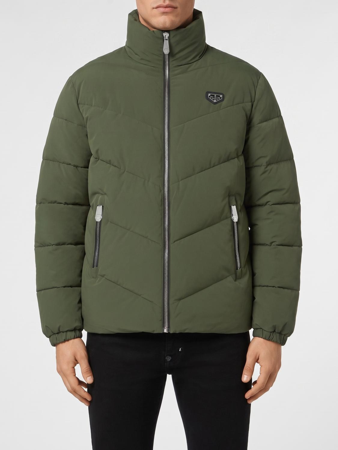 PHILIPP PLEIN Kurze Daunenjacke aus gestepptem Nylon mit Reißverschluss und Logo