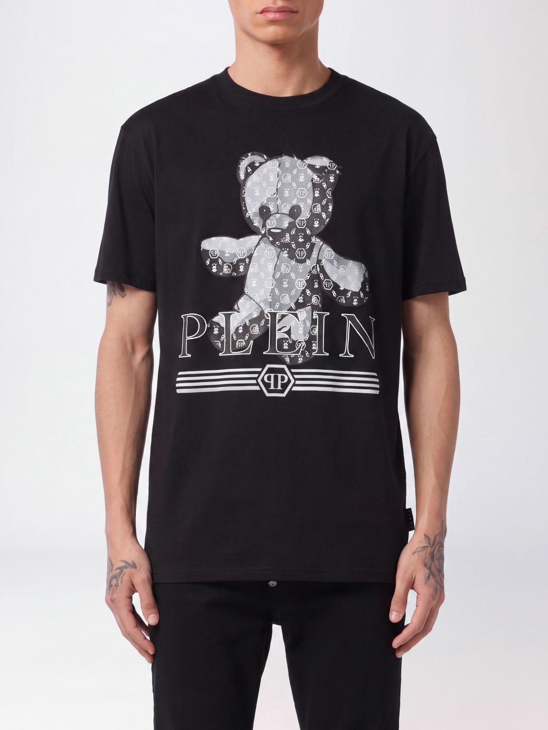 PHILIPP PLEIN T-shirt in cotone con stampa Teddy Bear e spalle cadute