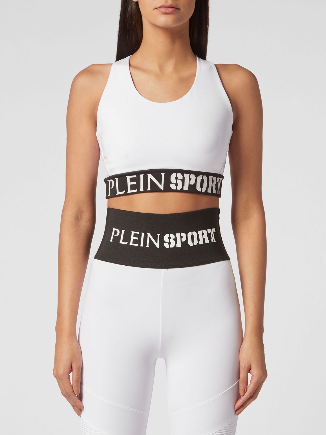 Plein Sport Top sportivo cropped in jersey con scollo quadrato e logo jacquard
