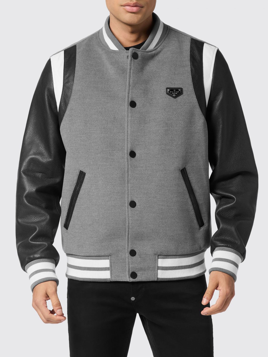 PHILIPP PLEIN Leather and Viscose Varsity Bomber Jacket with Embroidered Logo