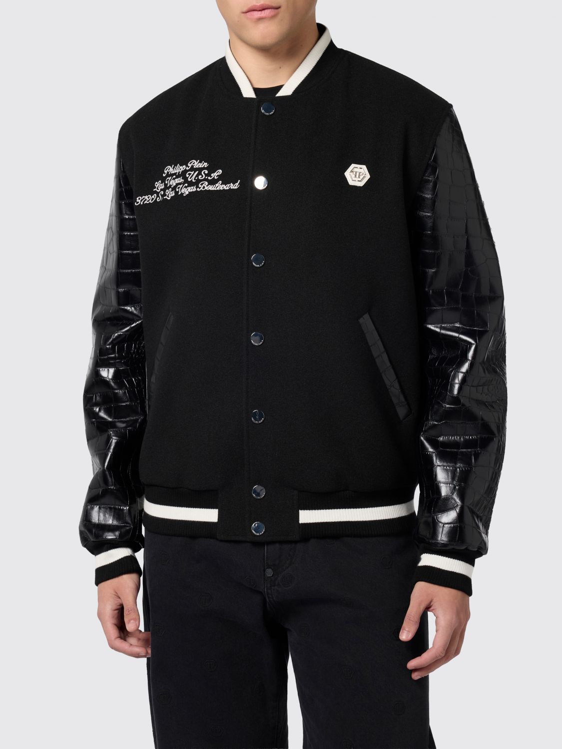PHILIPP PLEIN Croc-Effect Leather Varsity Bomber Jacket with Contrast Logo