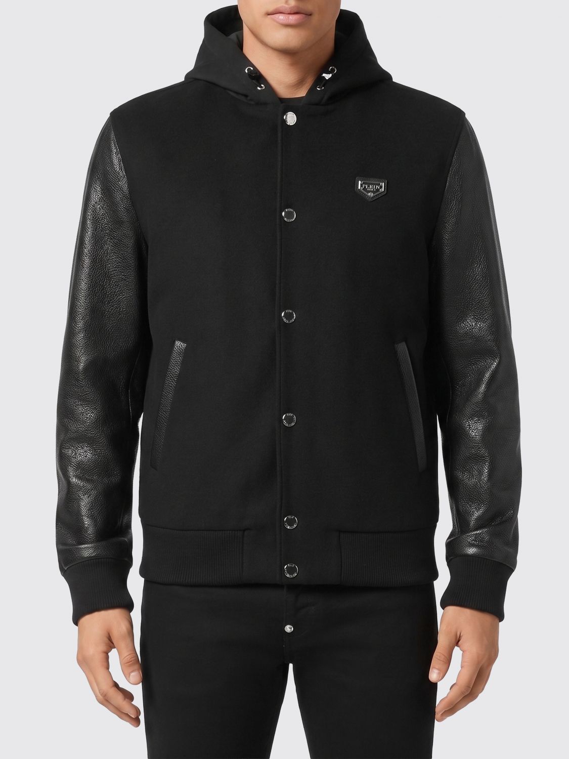 PHILIPP PLEIN Lambskin Leather Bomber Jacket with Hood and Button Closure