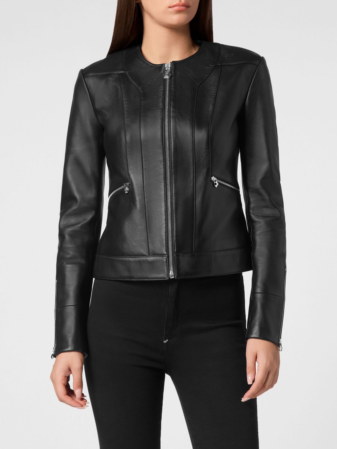 PHILIPP PLEIN Cropped Slim Fit Smooth Calfskin Leather Biker Jacket