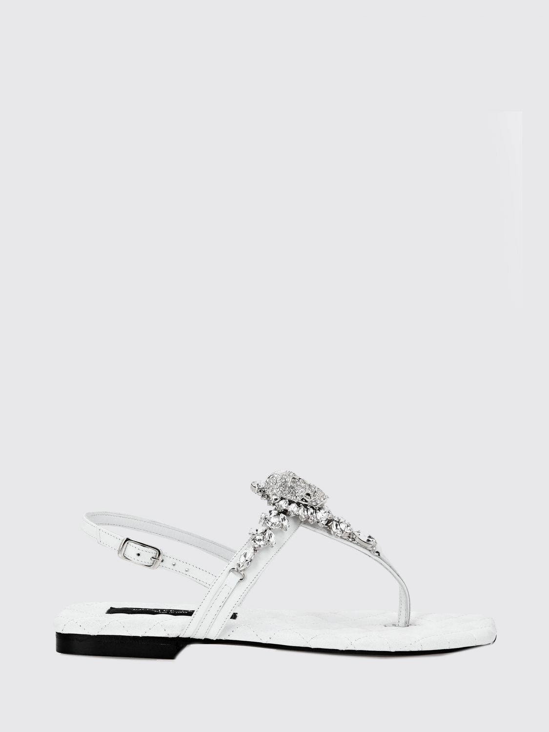 PHILIPP PLEIN Leather Thong Sandals with Low Heel and Ankle Strap