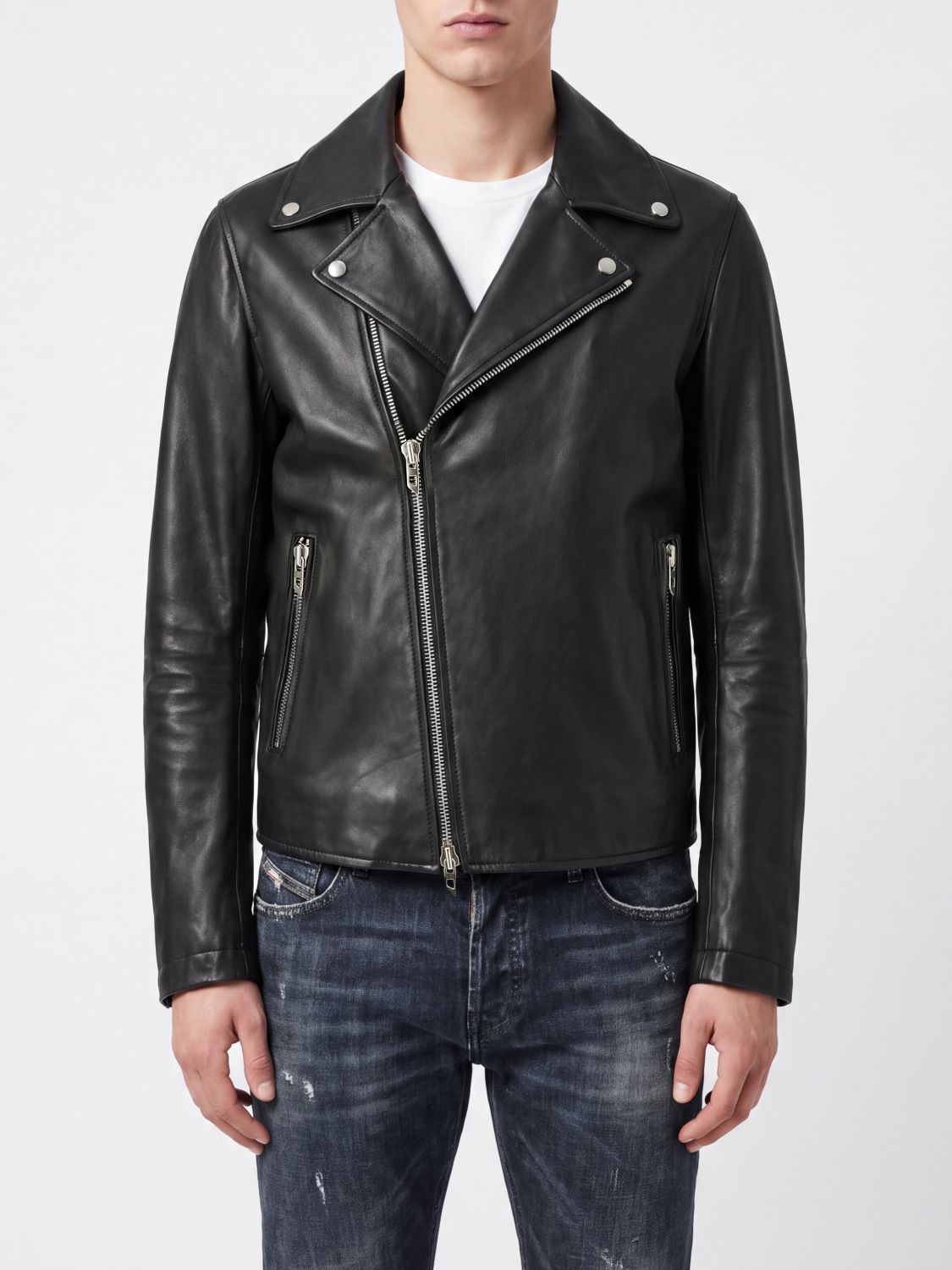 DIESEL L-Eo-WRD Cowhide Leather Biker Jacket with Asymmetrical Zip