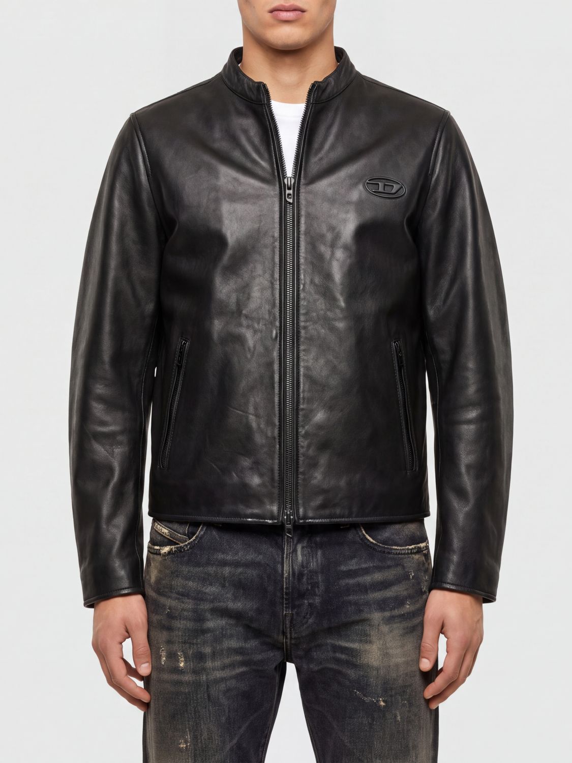 DIESEL Smooth Lambskin Leather Jacket with Crew Neck and Oval D Logo