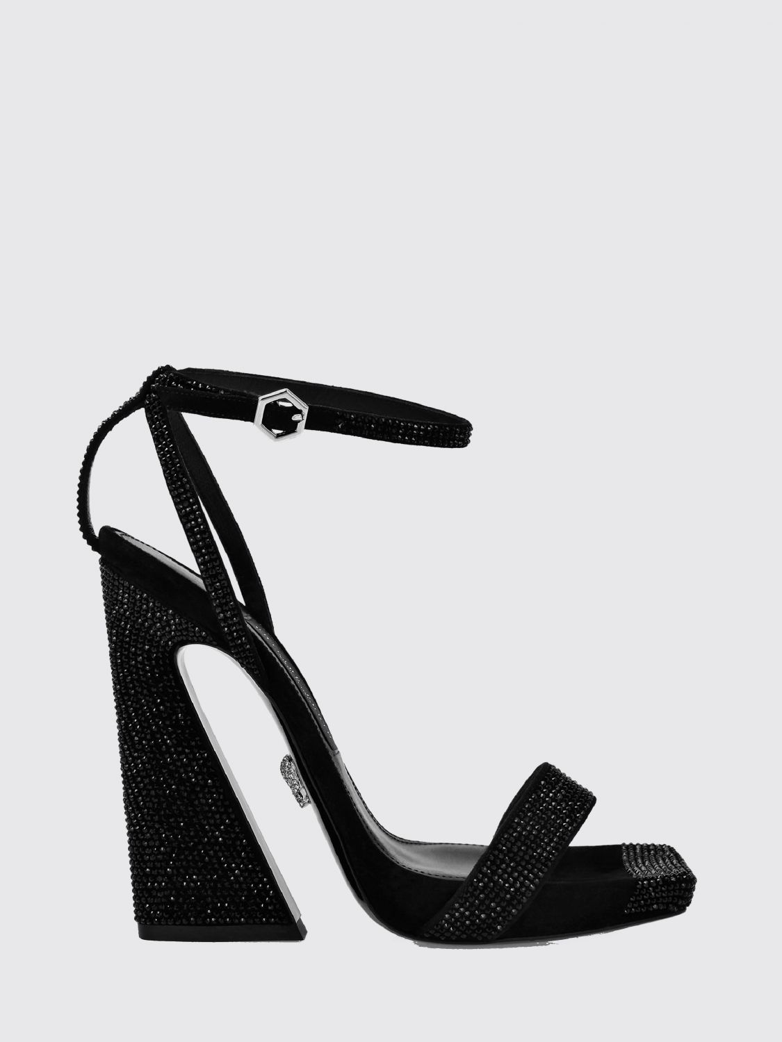 PHILIPP PLEIN High-Heeled Suede Sandals with Ankle Strap and Rhinestones