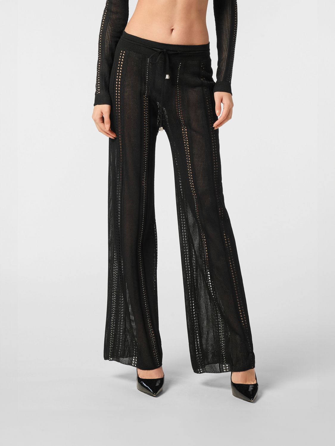 PHILIPP PLEIN Flared Knit Cotton-Blend Trousers with Drawstring Waist
