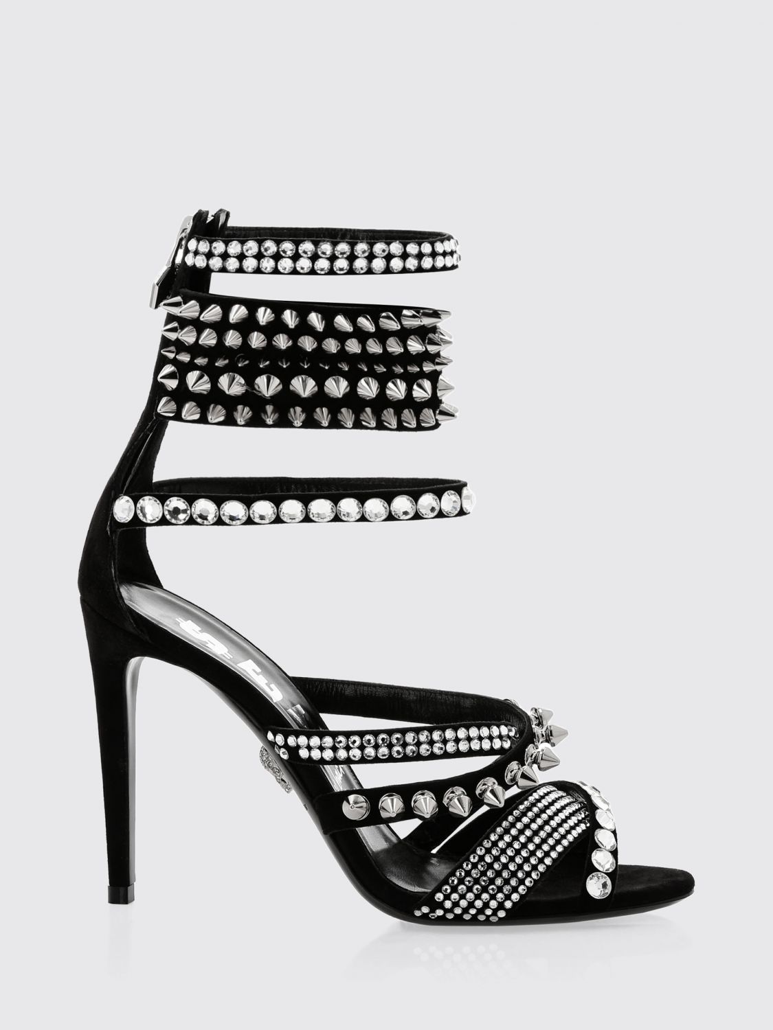 PHILIPP PLEIN Suede High-Heeled Sandals with Crystal and Stud Embellishments