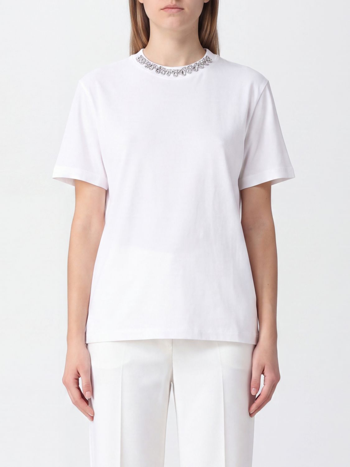 GOLDEN GOOSE Baumwoll-T-Shirt mit Kristall-Applikationen und überschnittenen Schultern