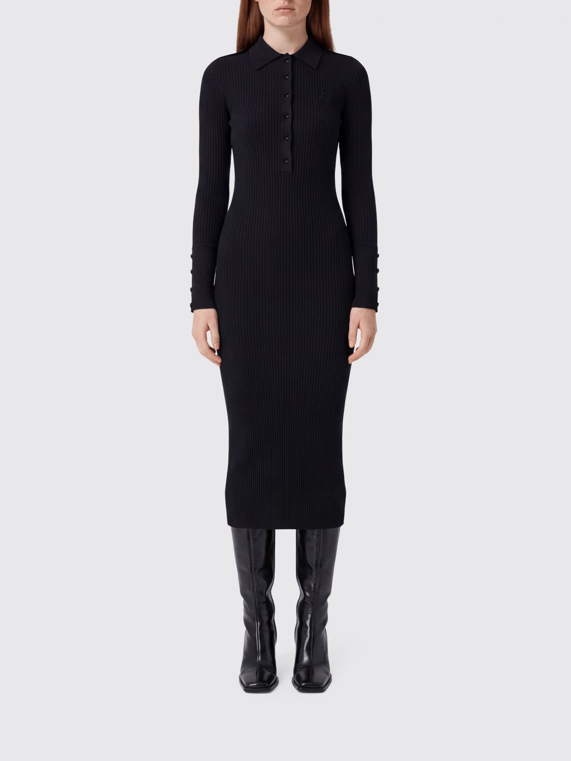 COURRÈGES Abito polo midi in maglia a coste e vestibilità slim