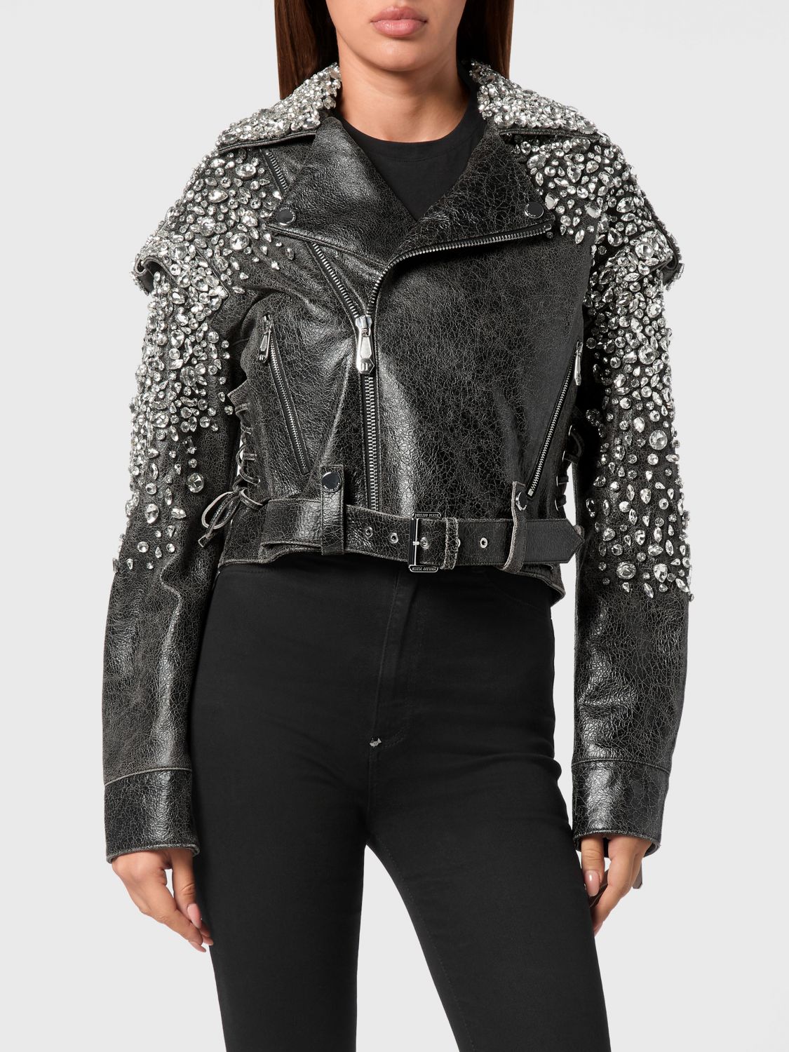 PHILIPP PLEIN Cropped Leather Biker Jacket with Crystals and Belt