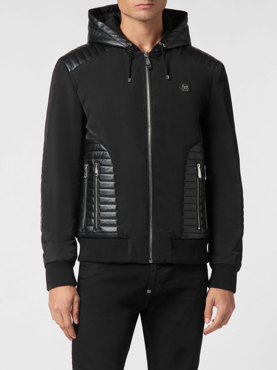 PHILIPP PLEIN Bomberjacke aus Leder und Polyester mit Kapuze und Hexagon-Logo