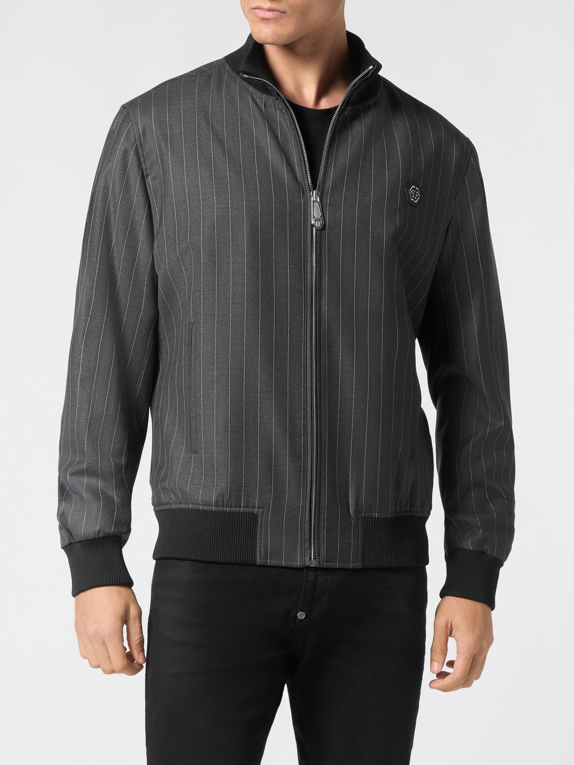 PHILIPP PLEIN Nadelstreifen-Varsity-Bomberjacke aus Schurwolle mit Hexagon-Logo