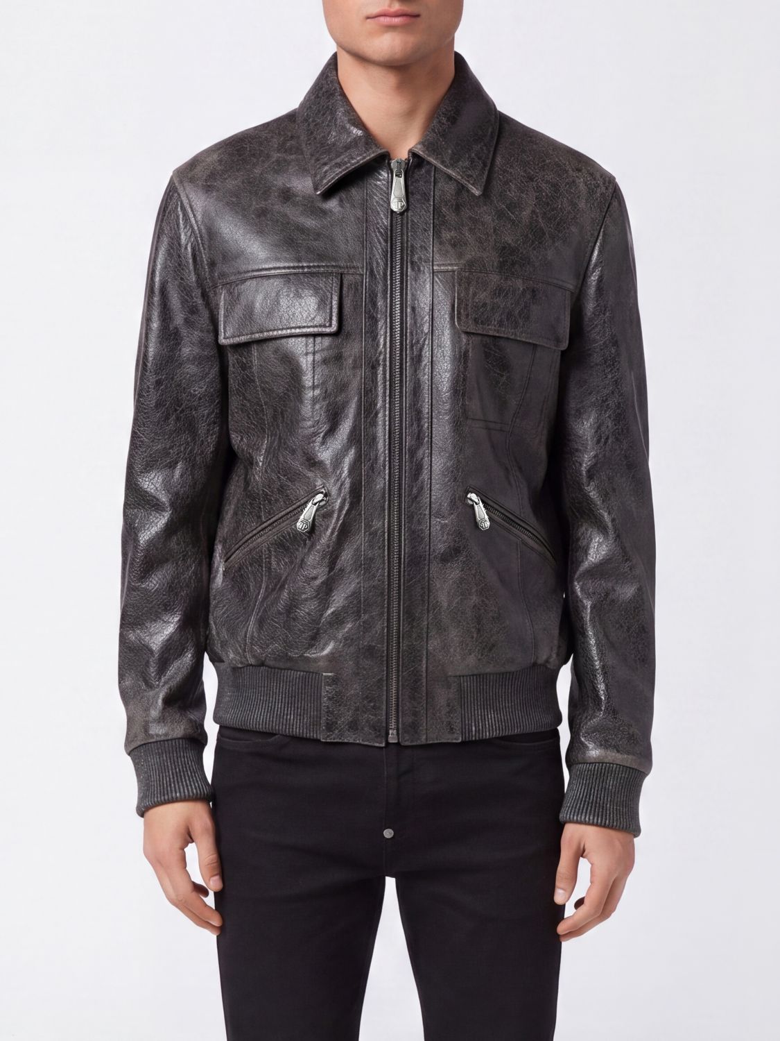 Philipp Plein Leather Bomber Jacket with Classic Collar and Patch Pockets