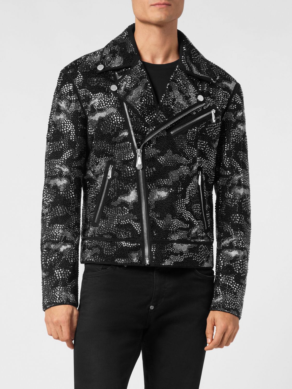 Philipp Plein Lambskin Biker Jacket with Crystal Embroidery · M