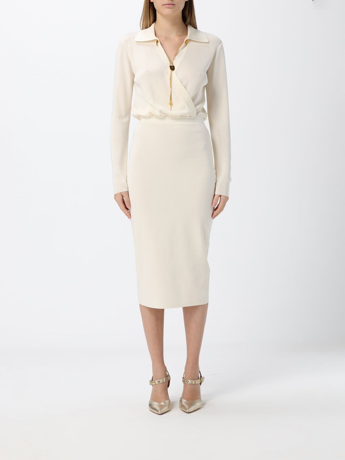 ELISABETTA FRANCHI Midi Sheath Dress in Jersey with V-Neck and Long Sleeves