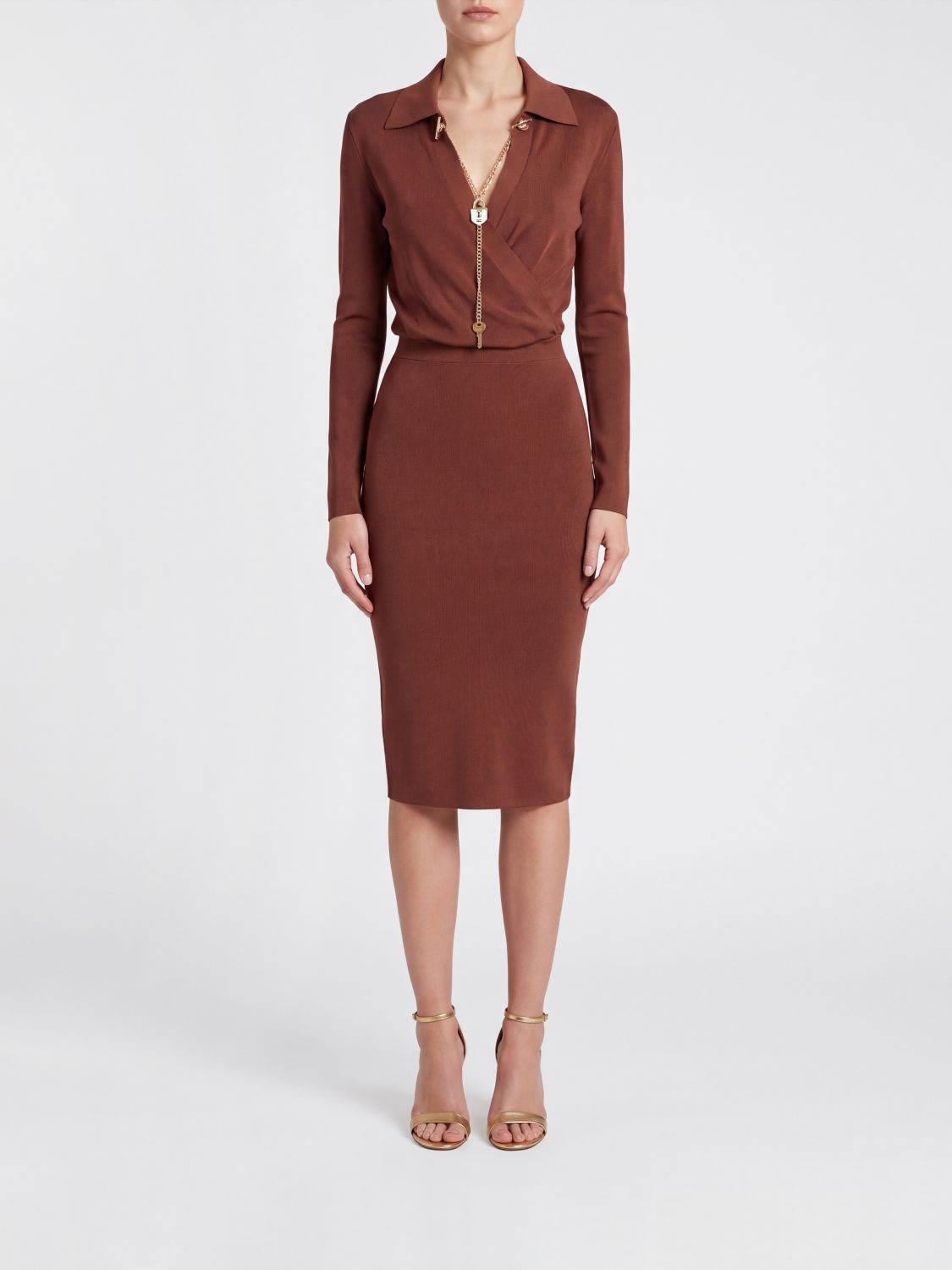 ELISABETTA FRANCHI Midi Sheath Dress in Jersey with V-Neck and Long Sleeves
