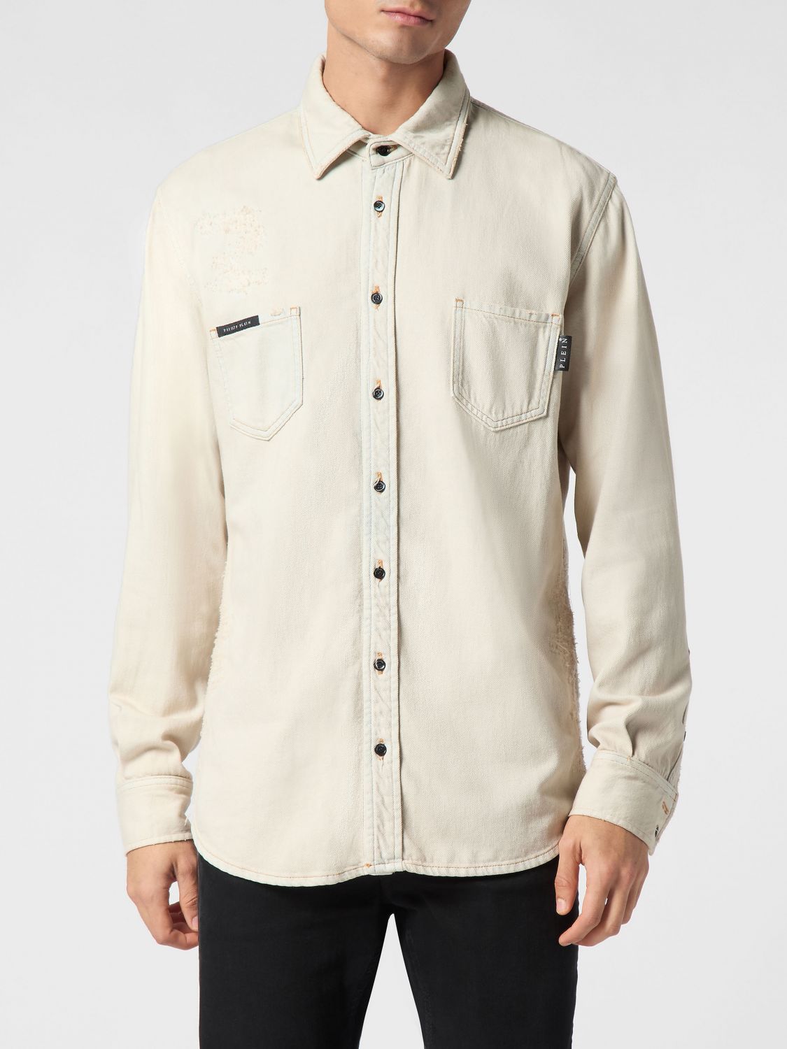 PHILIPP PLEIN Cotton Denim Shirt with French Collar and Patch Pockets