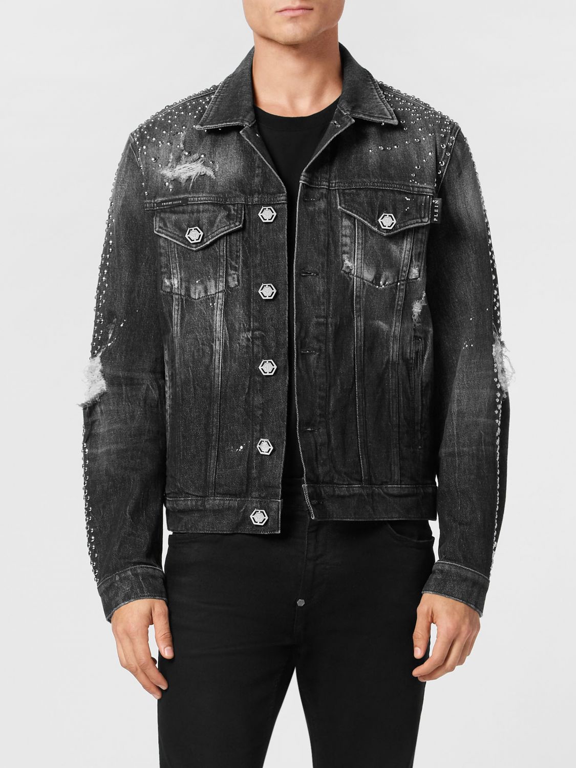 Philipp Plein Cotton Denim Jacket with Crystals and Embroidered Hexagon Logo · 3XL