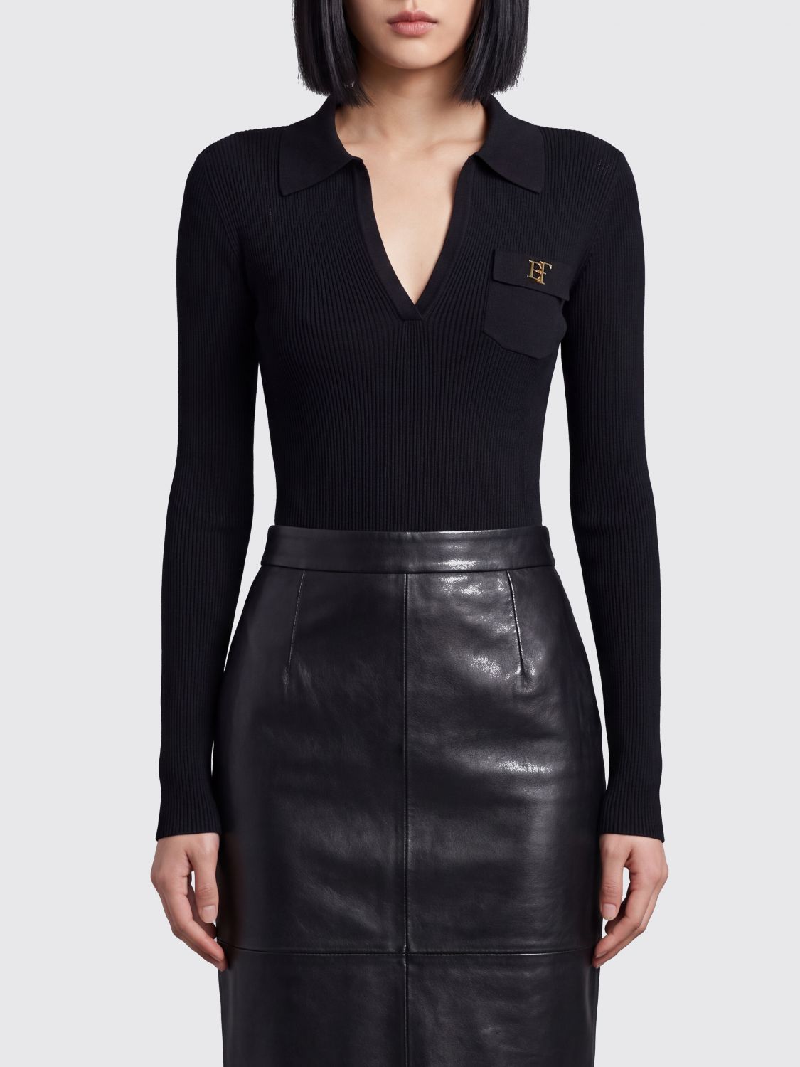 ELISABETTA FRANCHI Body slim fit a maniche lunghe con scollo a V e rouches