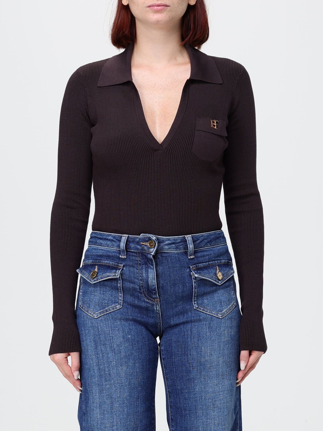 ELISABETTA FRANCHI Slim Fit Long-Sleeved V-Neck Bodysuit with Ruffles