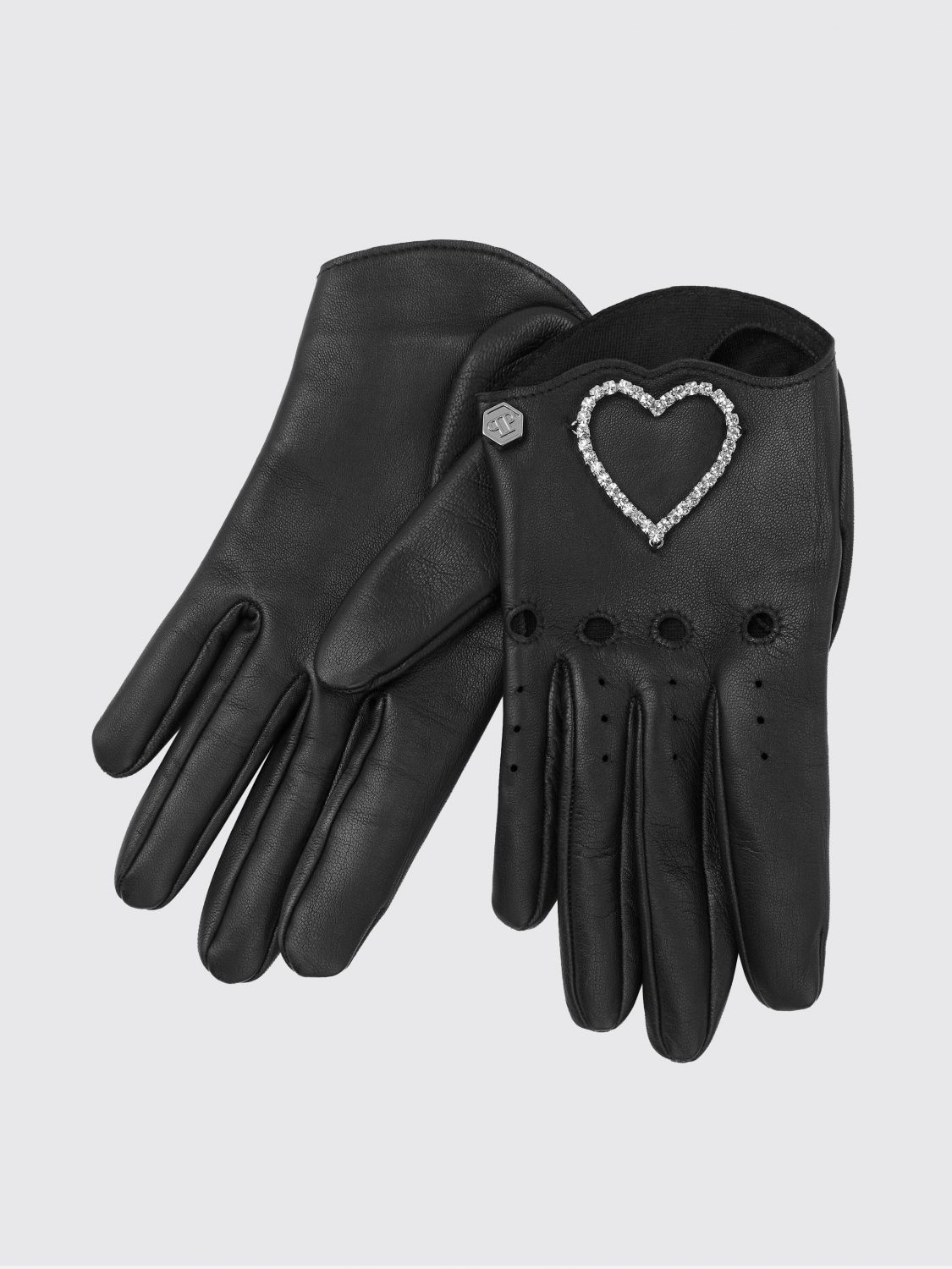 PHILIPP PLEIN Nappa Leather Gloves with Heart Embroidery and Rhinestones