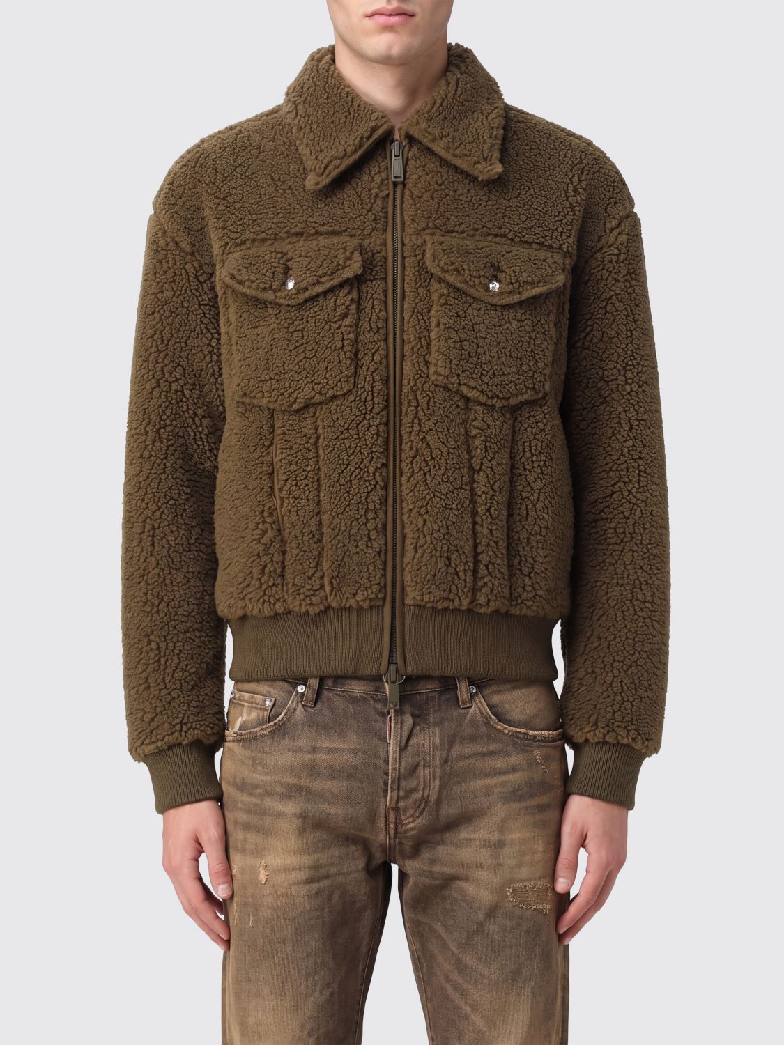 DSQUARED2 Shearling Bomber Jacket with Classic Collar and Patch Pockets
