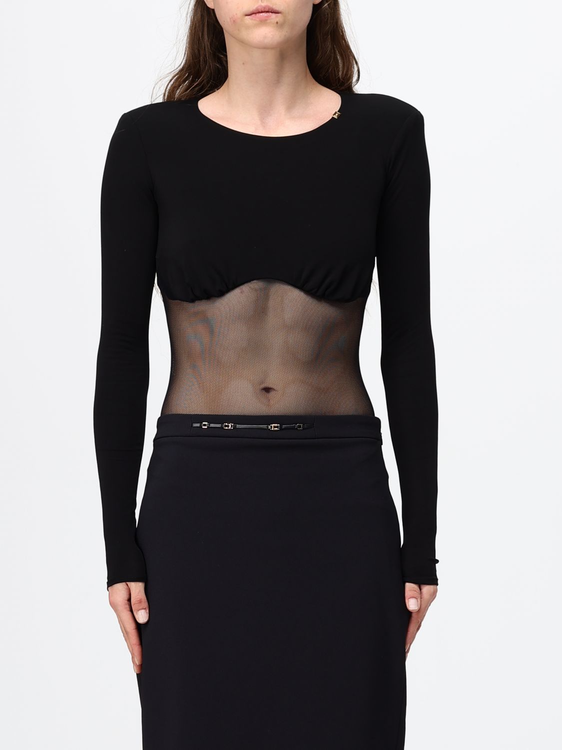 ELISABETTA FRANCHI Langarm-Top aus transparentem Mesh mit gepolsterten Schultern