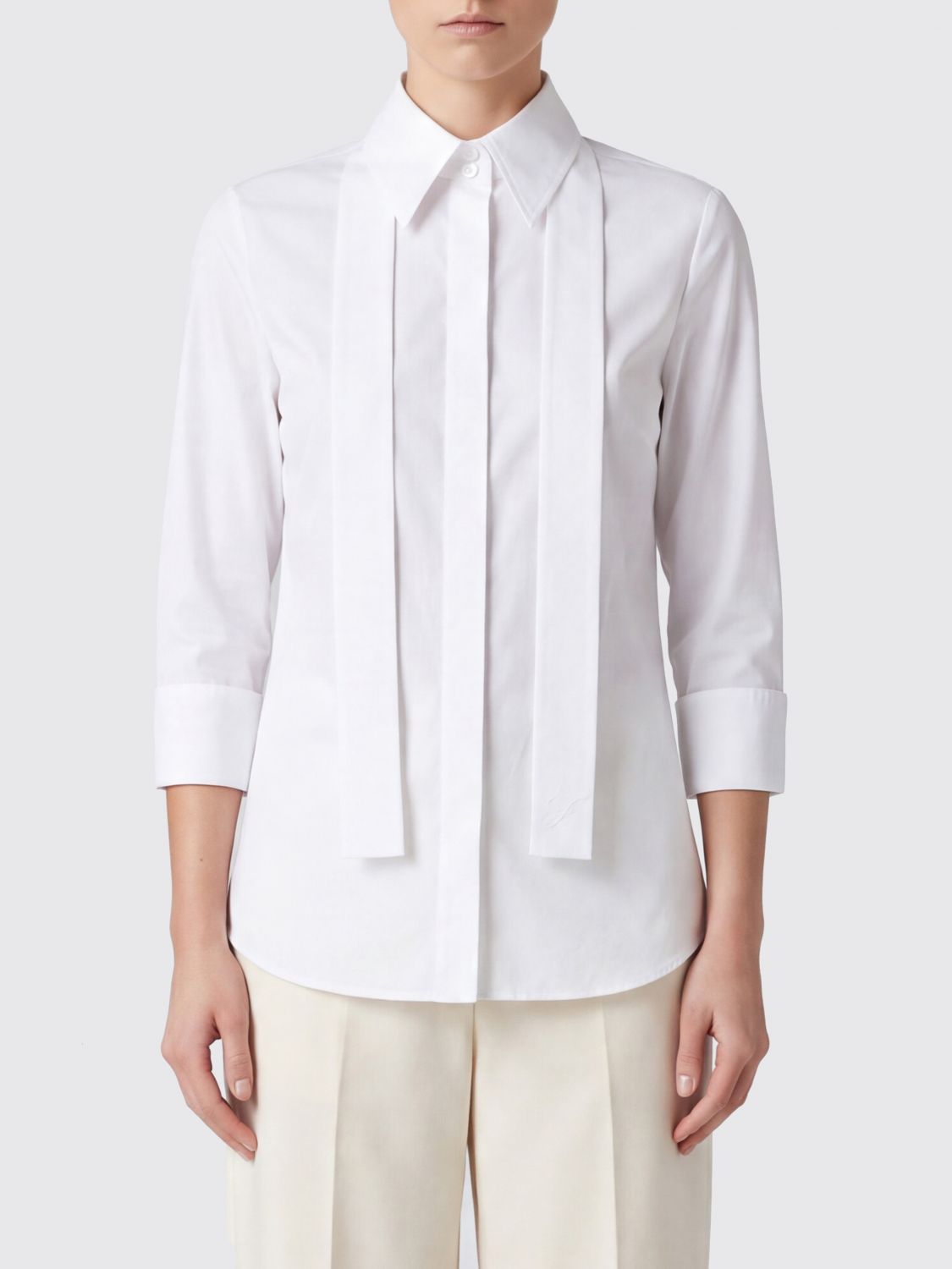 Elisabetta Franchi Cotton Blouse with Pussy-bow Collar and Concealed Buttons
