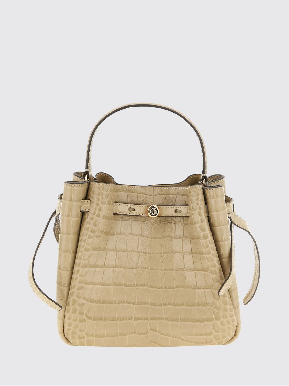 TORY BURCH Romy Mini Bucket Bag in Croc-Embossed Leather with Woven Details