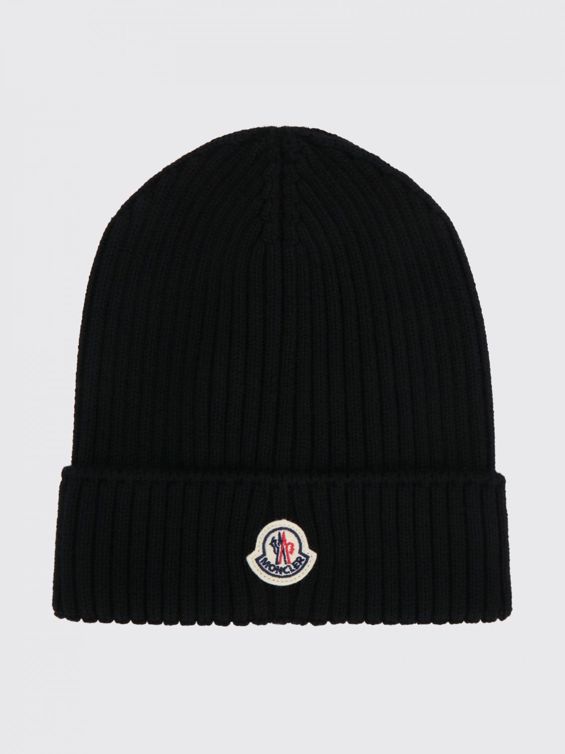 MONCLER Gerippte Beanie-Mütze für Kinder aus reiner Wolle mit Logo-Patch