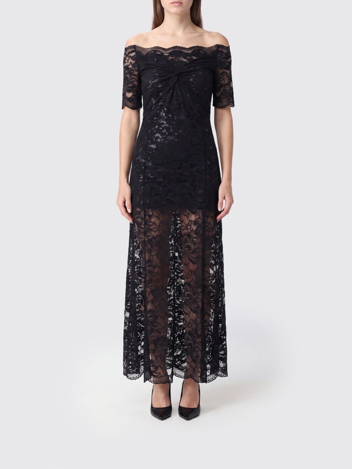 RABANNE Stretch-Lace Sheath Midi Dress with Straight Neckline