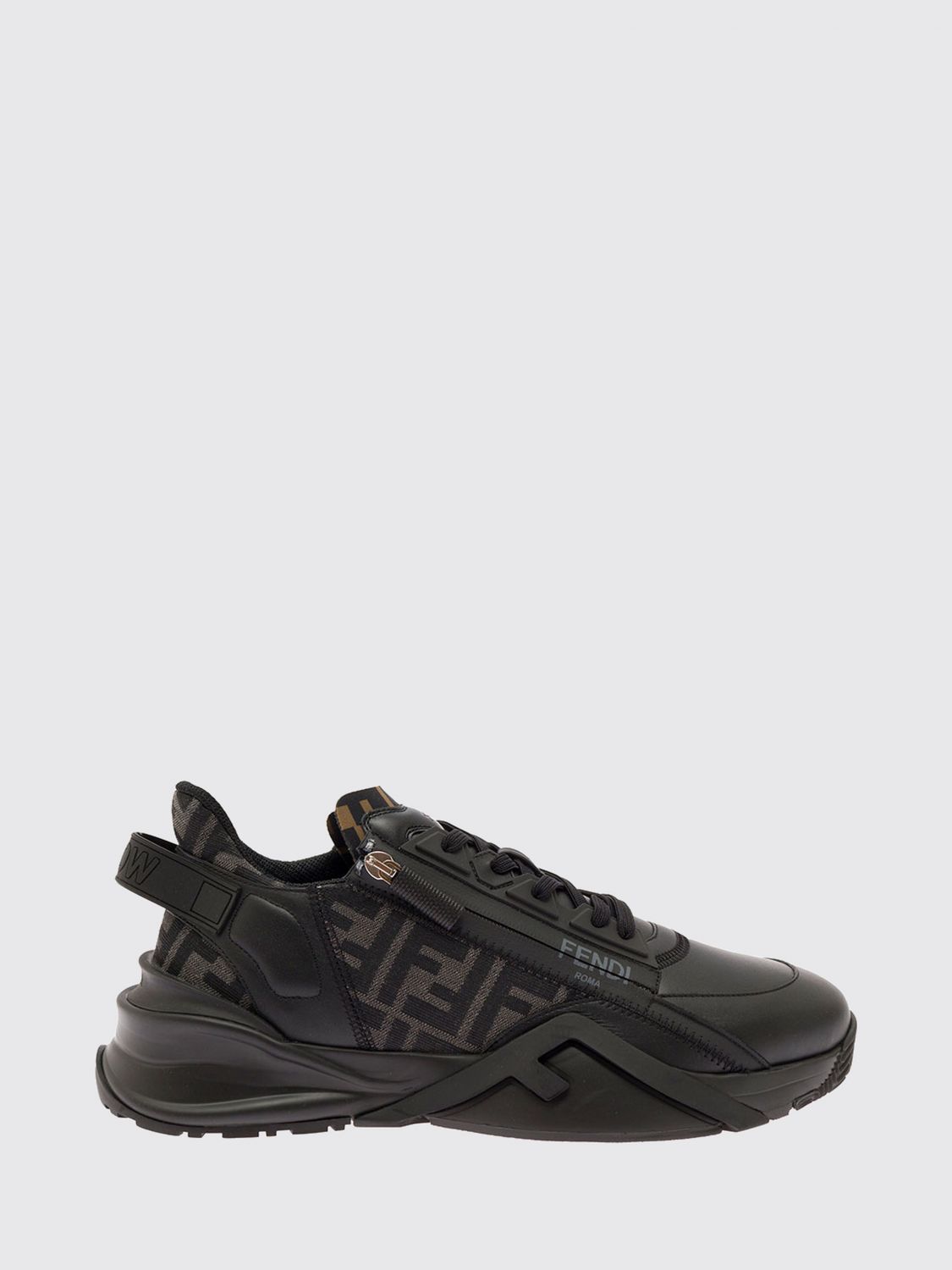 Fendi Flow Low-Top Leather and Fabric Sneakers with FF Monogram and Side Zip
