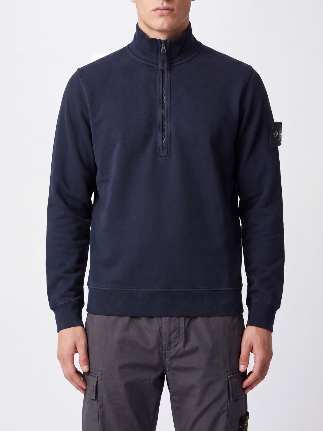 STONE ISLAND Felpa a dolcevita in cotone con mezza zip e patch logo Compass