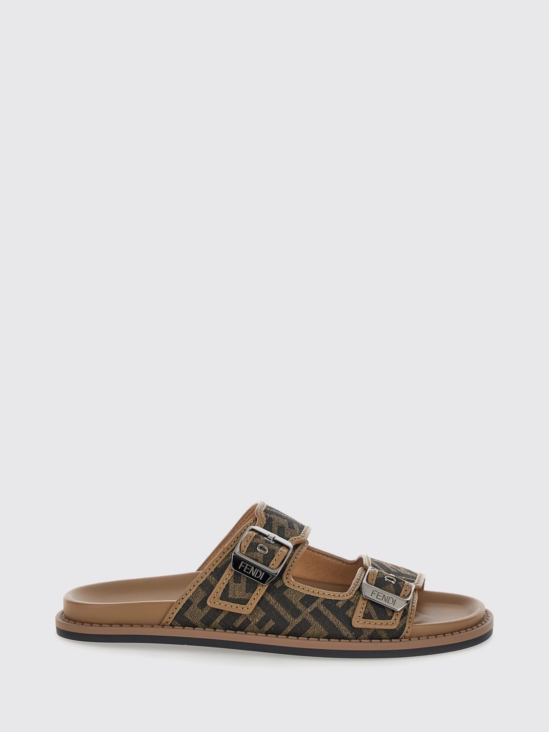 FENDI Flache Feel Sandalen aus Leder und Stoff mit FF-Monogramm und Doppelriemen