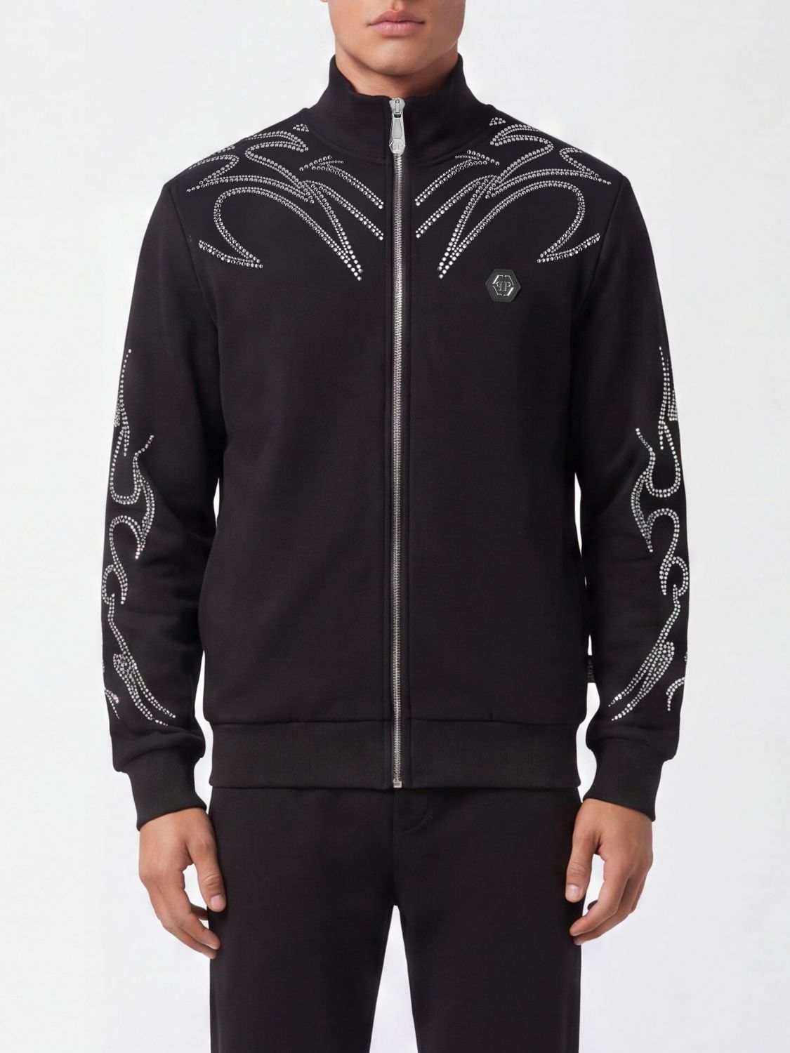 Philipp Plein Cotton Track Jacket Sweatshirt with Zip, Crystals and High Neck