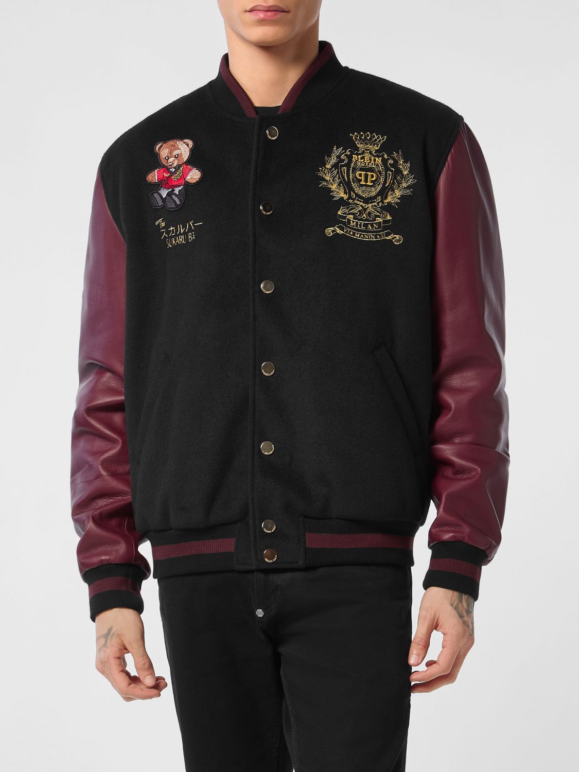 PHILIPP PLEIN Varsity-Bomberjacke aus Wolle und Leder mit langen Ärmeln und gesticktem Logo