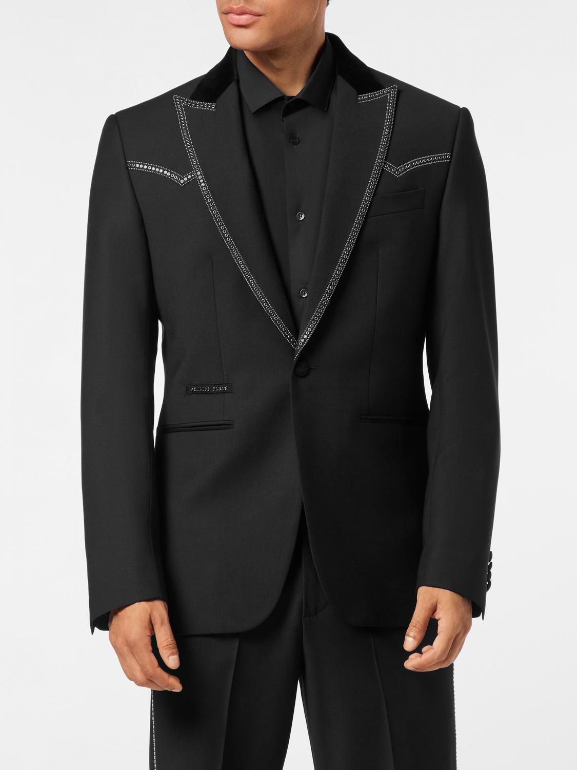PHILIPP PLEIN Single-Breasted Wool Blazer with Embroidered Crystals and Peak Lapels