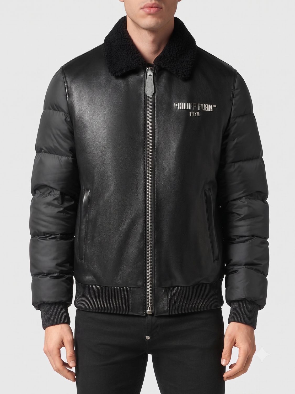PHILIPP PLEIN Lambskin Leather Puffer Jacket with Fur Collar