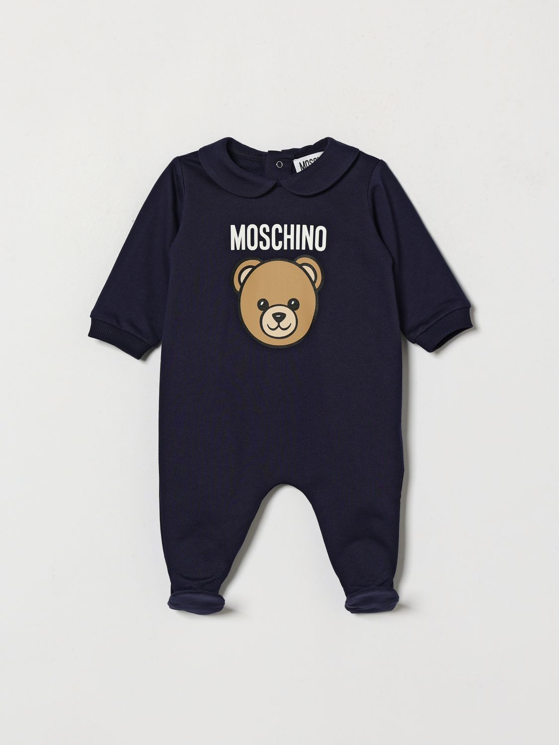 MOSCHINO Jungen-Strampler aus Baumwolle mit Teddybär-Print und Peter-Pan-Kragen