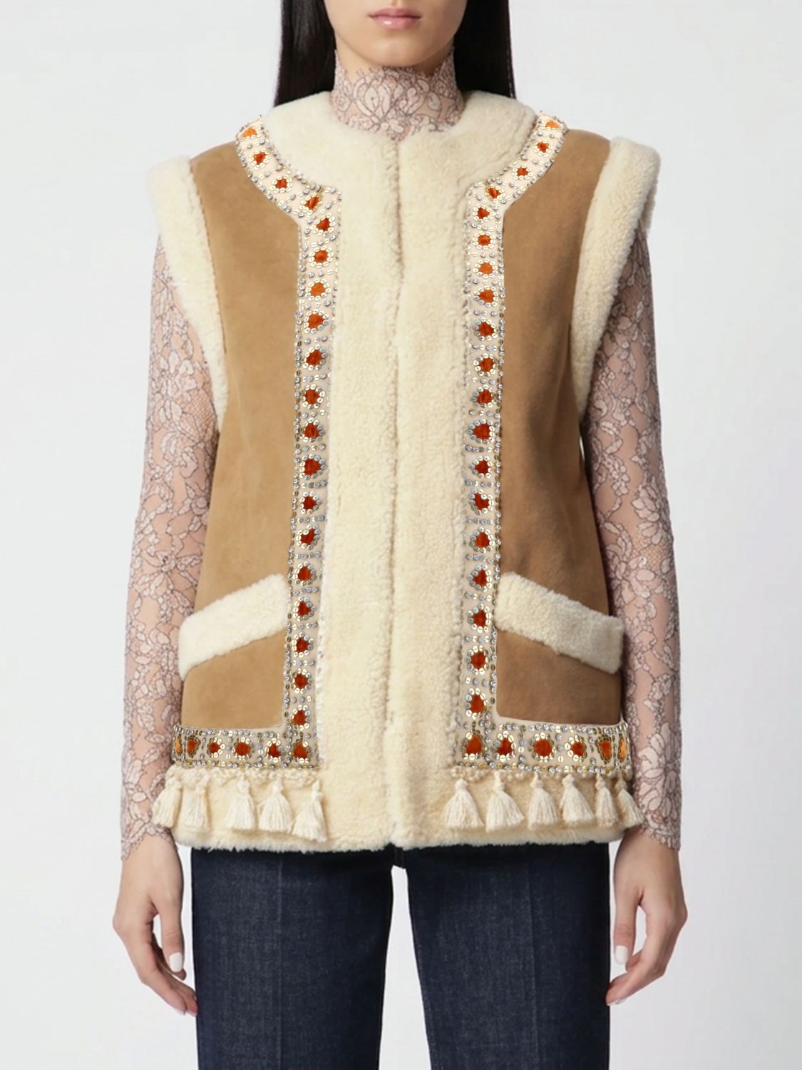 VALENTINO GARAVANI Embroidered Lambskin Fur Gilet with Tassels
