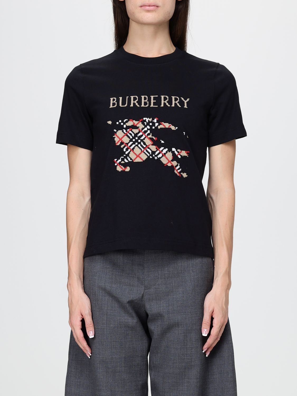 BURBERRY Slim Fit Baumwoll-T-Shirt mit Karomuster und EKD-Logo