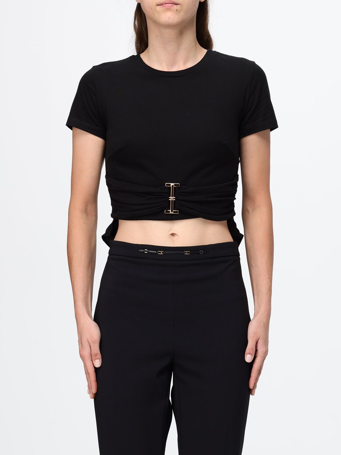Elisabetta Franchi Cropped Cotton T-shirt with Metal Logo Plaque