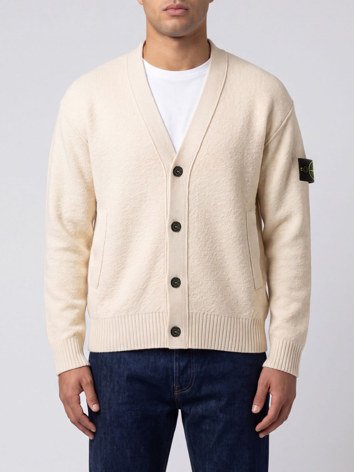 STONE ISLAND Cardigan in pura lana vergine con scollo a V e logo Compass