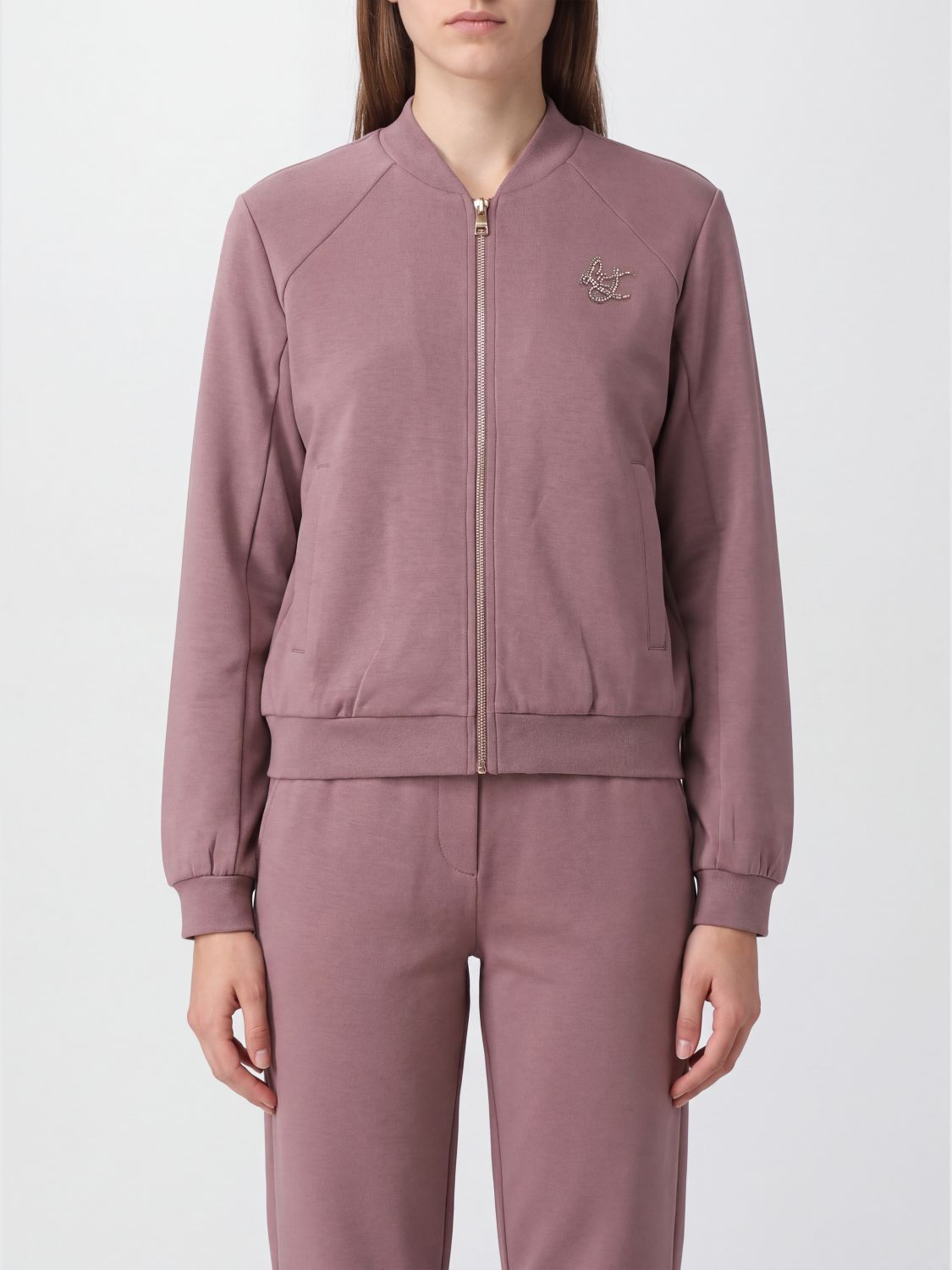 LIU JO Zip-Up Cotton Blend Sweatshirt with Rhinestone Logo